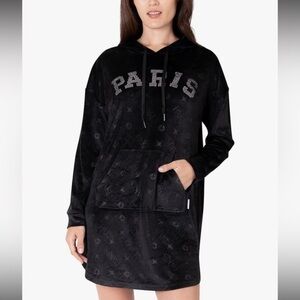 Paris Hilton Black Velour Hoodie Dress, Paris Rhinestone Hoody, Cozy Chic